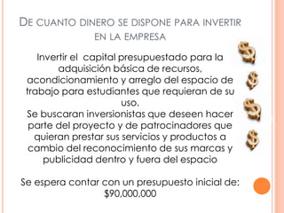 DE CUANTO DINERO SE DISPONE PARA INVERTIR
EN LA EMPRESA
Invertir el capital presupuestado para la
adquisición básica de recursos,
acondicionamiento y arreglo del espacio de
trabajo para estudiantes que requieran de su
uso.
Se buscaran inversionistas que deseen hacer
parte del proyecto y de patrocinadores que
quieran prestar sus servicios y productos a
cambio del reconocimiento de sus marcas y
publicidad dentro y fuera del espacio
Se espera contar con un presupuesto inicial de:
$90,000,000
 