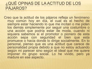 ¿QUÉ OPINAS DE LA ACTITUD DE LOS
PÁJAROS?

Creo que la actitud de los pájaros refleja un fenómeno
  muy común hoy en día, el cual es el hecho de
  siempre estar haciendo lo que me incitan o me piden
  los demás simplemente por seguir una costumbre o
  una acción que podría estar de moda, cuando ni
  siquiera sabemos si el promotor o pionero de esta
  acción sepa con seguridad el bien que esta
  promueve o hacia donde lo dirige socialmente. En lo
  personal, pienso que es una actitud que carece de
  personalidad propia debido a que no estoy actuando
  según mi parecer sino según el ideal que me quiere
  imponer mi grupo social. Lo he vivido, pero ya
  madure en ese aspecto.
 