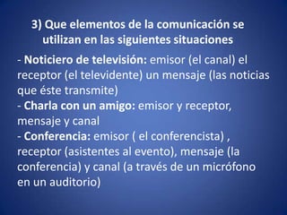 3) Que elementos de la comunicación se
    utilizan en las siguientes situaciones
- Noticiero de televisión: emisor (el canal) el
receptor (el televidente) un mensaje (las noticias
que éste transmite)
- Charla con un amigo: emisor y receptor,
mensaje y canal
- Conferencia: emisor ( el conferencista) ,
receptor (asistentes al evento), mensaje (la
conferencia) y canal (a través de un micrófono
en un auditorio)
 