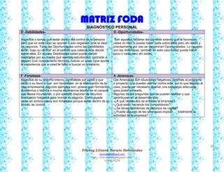 12
Francy Liliana Norato Hernández
fnorato@hotmail.com
http://francinorato.blogspot.com/
3184134228
MATRIZ FODA
DIAGNÒSTICO PERSONAL
D -Debilidades- O -Oportunidades-
Aspectos o temas que están dentro del control de la persona
pero que en este caso se oponen o son negativos ante la idea
de negocios. Tanto las Oportunidades como las Debilidades
están “bajo su control” en el sentido que usted puede decidir
sobre ellas. En el caso Debilidades usted puede decidir
mejorarlas por su cuenta (por ejemplo estudiando), contratar a
alguien (con conocimiento técnico), buscar un socio (que aporte
la experiencia que a usted le falta) o buscar un préstamo.
Son aquellos factores del contexto externo que le favorecen,
usted no hizo ni puede hacer nada sobre ellas pero ahí están y
precisamente por eso se denominan Oportunidades. Lo opuesto
son las Amenazas, también en este caso usted puede hacer
poco o nada pero ahí están.
F -Fortalezas- A -Amenazas-
Aspectos de su entorno interno, controlable por usted y que
están a su favor o que son favorables en la elaboración de la
idea empresarial. Algunos ejemplos son: poseer gran formación
académica o técnica o mucha experiencia laboral en el campos
que desea incursionar, o por ejemplo disponer de recursos
financieros holgados para montar su negocio. Como puede
verse en ambos casos son fortalezas porque están dentro de su
ámbito de control.
Las Amenazas son situaciones negativas, externas al programa
o proyecto, que pueden atentar contra éste, por lo que llegado al
caso, puede ser necesario diseñar una estrategia adecuada
para poder sortearla.
Algunas de las preguntas que se pueden realizar y que
contribuyen en el desarrollo son:
-¿A qué obstáculos se enfrenta la empresa?
-¿Qué están haciendo los competidores?
-¿Se tienen problemas de recursos de capital?
-¿Puede algunas de las amenazas impedir totalmente la
actividad de la empresa?
 