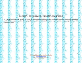 22
Francy Liliana Norato Hernández
fnorato@hotmail.com
http://francinorato.blogspot.com/
3184134228
LA CADENA DE VALOR DE LA CREACIÓN DE EMPRESAS
La CREACIÓN DE EMPRESAS en el país no es un ejercicio espontáneo de la capacidad creativa de sus gentes, es toda una
acción deliberada en una cadena de valor que busca transformar a los ciudadanos en empresarios con empresas productivas. Esta
cadena de valor es
 