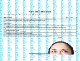 28
Francy Liliana Norato Hernández
fnorato@hotmail.com
http://francinorato.blogspot.com/
3184134228
PERFIL DEL EMPRENDEDOR
Conteste SI o NO el siguiente Test, marcando con una “X” al frente de cada pregunta.
PREGUNTAS SI NO
1. Estoy dispuesto a tomar mi trabajo como mi primera prioridad, antecediéndolo a mi familia y amistades.
2. Estoy dispuesto a invertir (y correr el riesgo de perder) los ahorros de toda mi vida
3. Estoy dispuesto a cambiar mi nivel de vida a fin de poder adaptarme a las necesidades de mi
nueva empresa
4. Considero la creación de empresas, un nuevo estilo de vida en que me involucraré de lleno
5. Me gusta descubrir modos creativos e innovadores de hacer las cosas
6. No me satisface simplemente mejorar el desempeño de las tareas rutinarias, me gusta discernir nuevas formas de llevar a
cabo tareas nuevas.
7. Me gusta trabajar en equipo
8. Me siento cómodo en mi capacidad de jefe
9. Me gusta sacar ganancia del trabajo de mis empleados
10.Tengo amistades que son dueños o tienen a cargo la operación de negocios
11. Cuento con experiencia previa en la rama comercial a la que quiero entrar como empresario.
 