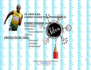 33
Francy Liliana Norato Hernández
fnorato@hotmail.com
http://francinorato.blogspot.com/
3184134228
EL PROCESO:
EMPRENDIMIENTO EMPRESARIAL
EMPRENDEDOR: perfil:
Habilidades
Actitudes
Conocimientos
Valores
PROYECTO DE VIDA:
Personal
Familiar
Profesional
 