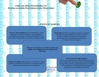 62
Francy Liliana Norato Hernández
fnorato@hotmail.com
http://francinorato.blogspot.com/
3184134228
Utilice esta Matriz Para identificar los
Recursos necesarios Para el proyecto que Desea iniciar
PUESTA EN MARCHA
Generar valor agregado: para crear diferencias con los
productos o servicios existentes, y que satisfagan las
necesidades del mercado. Es la mejor herramienta con la
que cuenta un emprendedor a la hora de competir con otros
Positivismo: Promover una manera de pensar y de actuar
centrada en las oportunidades que brinda el entorno.
Es más un cambio de actitud hacia las diferentes
circunstancias que se pueden presentar durante el
funcionamiento de la empresa
Trabajo en equipo: Nadie puede solo. El trabajo en equipo
promueve el desarrollo sostenible de una idea de negocio y
permite la especialización de sus integrantes
Preservación del medio ambiente:
A través de la aplicación de las Buenas Prácticas. Esto no
solo se evidencia en una mejora sustancial de la naturaleza
sino que influye directa y significativamente en la calidad
de los productos, en la reducción de los costos de
producción y en la satisfacción del cliente
Para que una empresa se consolide es básico que
cumpla con sus obligaciones tanto legales como
tributarias
 