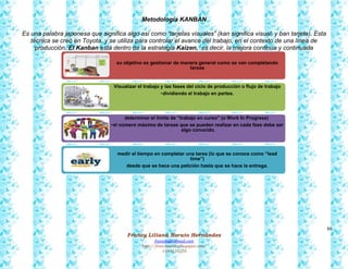 86
Francy Liliana Norato Hernández
fnorato@hotmail.com
http://francinorato.blogspot.com/
3184134228
Metodología KANBAN
Es una palabra japonesa que significa algo así como “tarjetas visuales” (kan significa visual, y ban tarjeta). Esta
técnica se creó en Toyota, y se utiliza para controlar el avance del trabajo, en el contexto de una línea de
producción. El Kanban está dentro de la estrategia Kaizen, es decir, la mejora continua y continuada
su objetivo es gestionar de manera general como se van completando
tareas
Visualizar el trabajo y las fases del ciclo de producción o flujo de trabajo
•dividiendo el trabajo en partes.
determinar el límite de “trabajo en curso” (o Work In Progress)
•el número máximo de tareas que se pueden realizar en cada fase debe ser
algo conocido.
medir el tiempo en completar una tarea (lo que se conoce como “lead
time”)
desde que se hace una petición hasta que se hace la entrega.
 