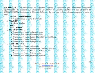 90
Francy Liliana Norato Hernández
fnorato@hotmail.com
http://francinorato.blogspot.com/
3184134228
PROCOLOMBIA ha identificado los siguientes sectores y subsectores que representan destacadas
oportunidades de inversión. Los interesados en Invertir en Colombia cuentan con todo el apoyo de
PROCOLOMBIA y el Ministerio de Comercio Industria y Turismo para el desarrollo de sus negocios en nuestro
país:
1. SECTOR INMOBILIARIO
 Crecimiento de la oferta de vivienda
2. TURISMO
 Sector hotelero
3. SALUD
4. CAFÉ Y FLORES
5. AGROINDUSTRIA:
 Inversión en el sector de la Acuicultura
 Inversión en el sector Biocombustibles
 Inversión en el sector Cacao, Chocolatería y Confitería
 Inversión en el sector Cárnico
 Inversión en el sector Hortofrutícola
6. MANUFACTURA:
 Inversión en el sector Automotriz
 Inversión en el sector Cosméticos y Productos de Aseo
 Inversión en el sector Materiales de Construcción
 Inversión en el sector Sistema Moda
 Inversión en el sector Empaques plásticos
 