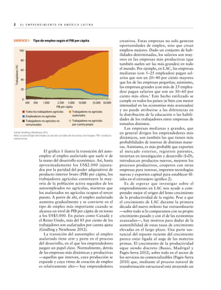 2  

E l E m p r e n d i m i e n t o e n A m é r i c a La t i n a	

GRÁFICO 1  Tipo de empleo según el PIB per cápita
100

Trabajadores (%)

80
60
40
20
0

300

500

1.000

2.500 5.000
PIB per cápita

Todos los trabajadores agrícolas
Empleadores no agrícolas
Trabajadores no agrícolas no
remunerados

10.000

25.000 50.000

Trabajadores no agrícolas
asalariados
Trabajadores no agrícolas
por cuenta propia

Fuente: Gindling y Newhouse 2012.
Nota: Los porcentajes del empleo se calculan con datos de encuestas a los hogares. PIB = producto
interior bruto.

El gráfico 1 ilustra la transición del autoempleo al empleo asalariado que suele ir de
la mano del desarrollo económico. Así, hasta
aproximadamente los US$2.000 (ajustados por la paridad del poder adquisitivo) de
producto interior bruto (PIB) per cápita, los
trabajadores agrícolas constituyen la mayoría de la población activa seguidos de los
autoempleados no agrícolas, mientras que
los asalariados no agrícolas ocupan el tercer
puesto. A partir de ahí, el empleo asalariado
aumenta gradualmente y se convierte en el
tipo de empleo más importante cuando se
alcanza un nivel de PIB per cápita de en torno
a los US$5.000. En países como Canadá y
el Reino Unido, más del 85 por ciento de los
trabajadores son asalariados por cuenta ajena
(Gindling y Newhouse 2012).
La transición del autoempleo al empleo
asalariado tiene arte y parte en el proceso
del desarrollo, en el que los emprendedores
juegan un papel clave. Normalmente, detrás
de las empresas más dinámicas y productivas
—aquellas que innovan, cuya producción se
expande y cuyo ritmo de creación de empleo
es relativamente alto— hay emprendedores

creativos. Estas empresas no solo generan
oportunidades de empleo, sino que crean
empleos mejores. Dado un conjunto de habilidades determinadas, los salarios son mayores en las empresas más productivas (que
también suelen ser las más grandes) en todo
el mundo. Por ejemplo, en LAC, las empresas
medianas (con 5–25 empleados) pagan salarios que son un 20–40 por ciento mayores
que los de las empresas pequeñas; asimismo,
las empresas grandes (con más de 25 empleados) pagan salarios que son un 30–60 por
ciento más altos.1 Este hecho estilizado se
cumple en todos los países (si bien con menor
intensidad en las economías más avanzadas)
y no puede atribuirse a las diferencias en
la distribución de la educación o las habilidades de los trabajadores entre empresas de
tamaños distintos.
Las empresas medianas y grandes, que
en general dirigen los emprendedores más
dinámicos, son también las que tienen más
probabilidades de innovar de distintas maneras. Asimismo, es más probable que exporten
al mercado exterior, registren patentes,
inviertan en investigación y desarrollo (I+D),
introduzcan productos nuevos, mejoren los
procesos productivos, cooperen con otras
empresas para innovar, importen tecnologías
nuevas y exporten capital para establecer filiales en el extranjero (gráfico 2).
Es de esperar que investigar sobre el
emprendimiento en LAC nos ayude a comprender mejor el origen del lento crecimiento
de la productividad de la región. Pese a que
el crecimiento de LAC durante la primera
década del nuevo milenio fue extraordinario
—sobre todo si lo comparamos con su propio
crecimiento pasado y con el de las economías
avanzadas—, hay motivos para dudar de la
sostenibilidad de estas tasas de crecimiento
elevadas en el largo plazo. Una parte sustancial del repunte reciente del crecimiento
parece estar ligada al auge de las materias
primas. El crecimiento de la productividad
sigue siendo discreto (Busso, Madrigal y
Pagés-Serra 2012), sobre todo en el sector de
los servicios no comercializables (Pagés-Serra
2010) que, mediante el proceso natural de
transformación estructural está atrayendo un

 