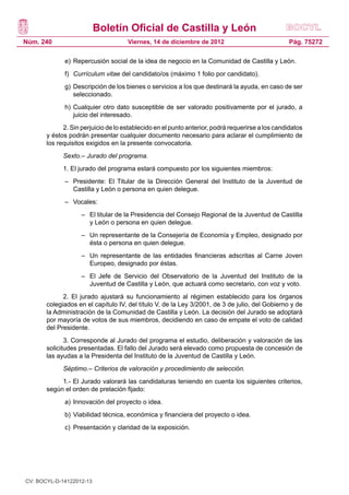 Boletín Oficial de Castilla y León
Núm. 240                             Viernes, 14 de diciembre de 2012                            Pág. 75272

             e) 	Repercusión social de la idea de negocio en la Comunidad de Castilla y León.
             f) 	 Currículum vitae del candidato/os (máximo 1 folio por candidato).
             g) 	Descripción de los bienes o servicios a los que destinará la ayuda, en caso de ser
                 seleccionado.
             h) 	Cualquier otro dato susceptible de ser valorado positivamente por el jurado, a
                 juicio del interesado.
             2. Sin perjuicio de lo establecido en el punto anterior, podrá requerirse a los candidatos
       y éstos podrán presentar cualquier documento necesario para aclarar el cumplimiento de
       los requisitos exigidos en la presente convocatoria.
             Sexto.– Jurado del programa.
             1. El jurado del programa estará compuesto por los siguientes miembros:
             – 	 Presidente: El Titular de la Dirección General del Instituto de la Juventud de
                 Castilla y León o persona en quien delegue.
             – 	 Vocales:
                    – 	 El titular de la Presidencia del Consejo Regional de la Juventud de Castilla
                        y León o persona en quien delegue.
                    – 	 Un representante de la Consejería de Economía y Empleo, designado por
                        ésta o persona en quien delegue.
                    – 	 Un representante de las entidades financieras adscritas al Carne Joven
                        Europeo, designado por éstas.
                    – 	 El Jefe de Servicio del Observatorio de la Juventud del Instituto de la
                        Juventud de Castilla y León, que actuará como secretario, con voz y voto.
             2. El jurado ajustará su funcionamiento al régimen establecido para los órganos
       colegiados en el capítulo IV, del título V, de la Ley 3/2001, de 3 de julio, del Gobierno y de
       la Administración de la Comunidad de Castilla y León. La decisión del Jurado se adoptará
       por mayoría de votos de sus miembros, decidiendo en caso de empate el voto de calidad
       del Presidente.
              3. Corresponde al Jurado del programa el estudio, deliberación y valoración de las
       solicitudes presentadas. El fallo del Jurado será elevado como propuesta de concesión de
       las ayudas a la Presidenta del Instituto de la Juventud de Castilla y León.
             Séptimo.– Criterios de valoración y procedimiento de selección.
            1.- El Jurado valorará las candidaturas teniendo en cuenta los siguientes criterios,
       según el orden de prelación fijado:
             a) 	Innovación del proyecto o idea.
             b) 	Viabilidad técnica, económica y financiera del proyecto o idea.
             c) 	Presentación y claridad de la exposición.




CV: BOCYL-D-14122012-13
 