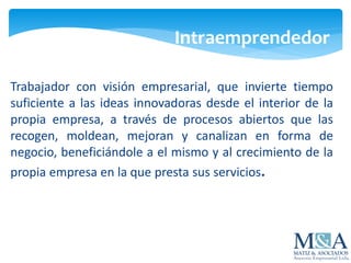 Intraemprendedor
Trabajador con visión empresarial, que invierte tiempo
suficiente a las ideas innovadoras desde el interior de la
propia empresa, a través de procesos abiertos que las
recogen, moldean, mejoran y canalizan en forma de
negocio, beneficiándole a el mismo y al crecimiento de la
propia empresa en la que presta sus servicios.
 