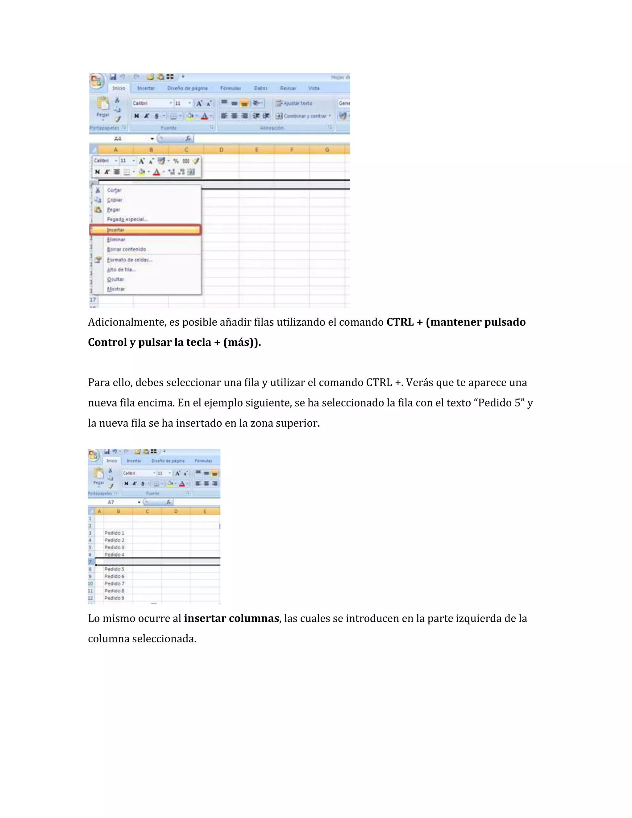 Adicionalmente, es posible añadir filas utilizando el comando CTRL + (mantener pulsado
Control y pulsar la tecla + (más)).
Para ello, debes seleccionar una fila y utilizar el comando CTRL +. Verás que te aparece una
nueva fila encima. En el ejemplo siguiente, se ha seleccionado la fila con el texto “Pedido 5” y
la nueva fila se ha insertado en la zona superior.

Lo mismo ocurre al insertar columnas, las cuales se introducen en la parte izquierda de la
columna seleccionada.

 