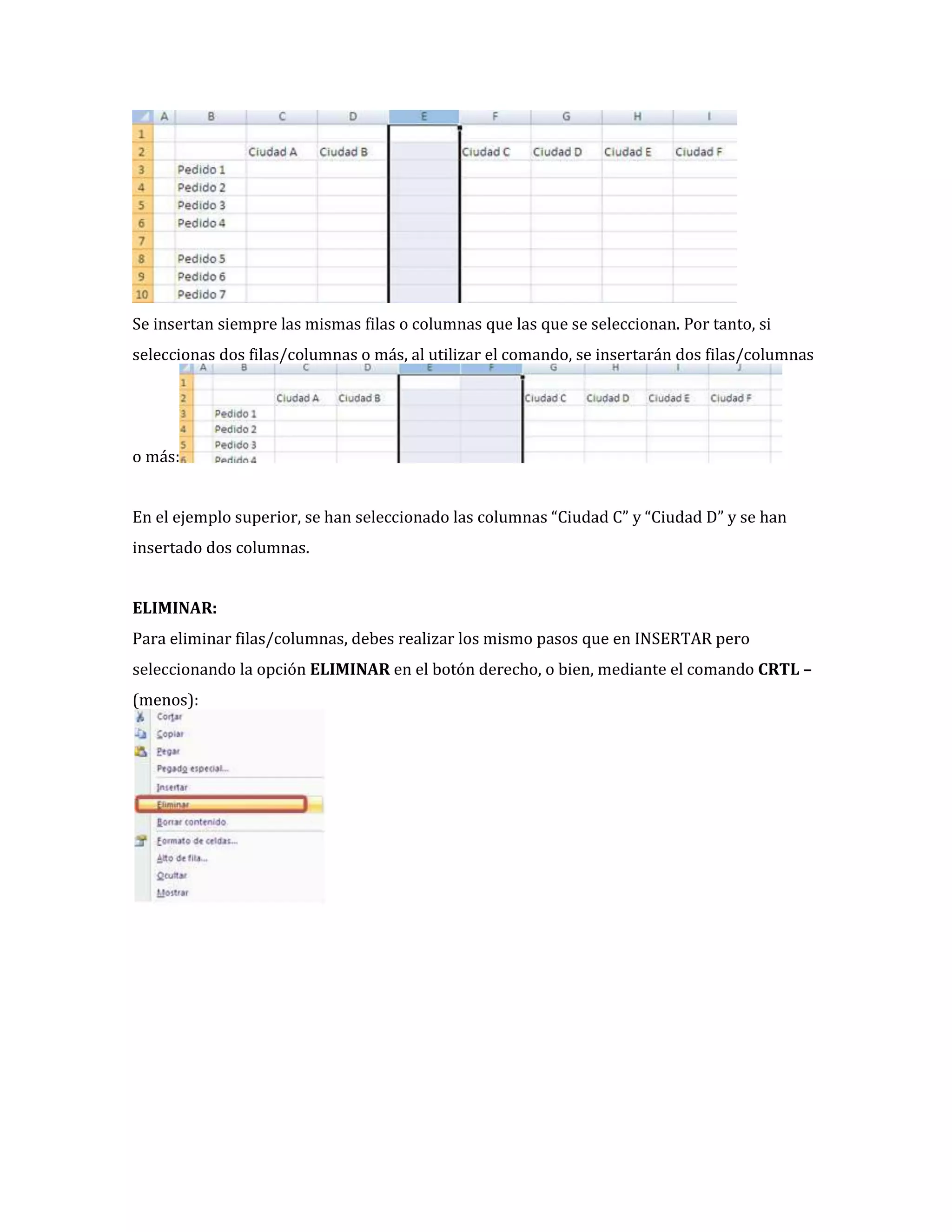 Se insertan siempre las mismas filas o columnas que las que se seleccionan. Por tanto, si
seleccionas dos filas/columnas o más, al utilizar el comando, se insertarán dos filas/columnas

o más:
En el ejemplo superior, se han seleccionado las columnas “Ciudad C” y “Ciudad D” y se han
insertado dos columnas.
ELIMINAR:
Para eliminar filas/columnas, debes realizar los mismo pasos que en INSERTAR pero
seleccionando la opción ELIMINAR en el botón derecho, o bien, mediante el comando CRTL –
(menos):

 