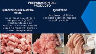 PREPARACION DEL
PRODUCTO
La verificar que el filete
del pescado (a 4"C)
verificando que se
encuentre en buen estado
y que no muestre olores y
color desagradable.
Limpieza del filete
retirando de los huesos
y piel y cortar.
 