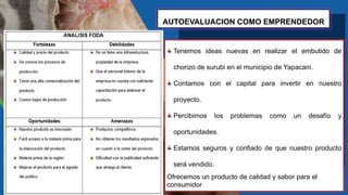 AUTOEVALUACION COMO EMPRENDEDOR
Tenemos ideas nuevas en realizar el embutido de
chorizo de surubi en el municipio de Yapacani.
Contamos con el capital para invertir en nuestro
proyecto.
Percibimos los problemas como un desafío y
oportunidades.
Estamos seguros y confiado de que nuestro producto
será vendido.
Ofrecemos un producto de calidad y sabor para el
consumidor
 