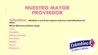 NUESTRO MAYOR 
PROVEEDOR 
Colombina: colombina es una de las mayores empresas comercializadoras de 
dulces. 
Ofrece diferentes productos, desde: 
•dulces 
•Chocolates 
•Galletas y pasteles 
•Pasa bocas 
•Helados 
•Postres 
•Bebidas etc. 
 