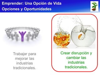 Emprender: Una Opción de Vida
Opciones y Oportunidades




     Trabajar para          Crear disrupción y
       mejorar las             cambiar las
       industrias               industrias
     tradicionales.           tradicionales.
 