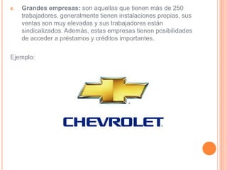 4.   Grandes empresas: son aquellas que tienen más de 250
     trabajadores, generalmente tienen instalaciones propias, sus
     ventas son muy elevadas y sus trabajadores están
     sindicalizados. Además, estas empresas tienen posibilidades
     de acceder a préstamos y créditos importantes.

Ejemplo:
 