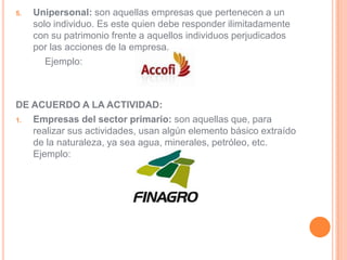 5.   Unipersonal: son aquellas empresas que pertenecen a un
     solo individuo. Es este quien debe responder ilimitadamente
     con su patrimonio frente a aquellos individuos perjudicados
     por las acciones de la empresa.
        Ejemplo:



DE ACUERDO A LA ACTIVIDAD:
1. Empresas del sector primario: son aquellas que, para
   realizar sus actividades, usan algún elemento básico extraído
   de la naturaleza, ya sea agua, minerales, petróleo, etc.
   Ejemplo:
 