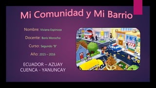 Nombre: Viviana Espinoza
Docente: Boris Morocho
Curso: Segundo “B”
Año: 2015 – 2016
ECUADOR – AZUAY
CUENCA - YANUNCAY
 