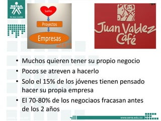 • Muchos quieren tener su propio negocio
• Pocos se atreven a hacerlo
• Solo el 15% de los jóvenes tienen pensado
hacer su propia empresa
• El 70-80% de los negociaos fracasan antes
de los 2 años
3
 