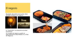 El negocio
Resultado del análisis de muchas ideas
factibles conlleva a un negocio.
Es “Emprender una pequeña actividad
económica”
Un modelo de negocio, puede ser
adecuadamente desarrollada en un Plan
de Negocios.
 