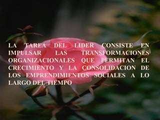 LA TAREA DEL LIDER CONSISTE EN
IMPULSAR LAS TRANSFORMACIONES
ORGANIZACIONALES QUE PERMITAN EL
CRECIMIENTO Y LA CONSOLIDACION DE
LOS EMPRENDIMIENTOS SOCIALES A LO
LARGO DEL TIEMPO
 