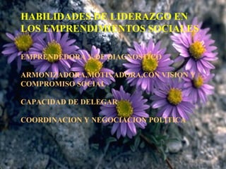 HABILIDADES DE LIDERAZGO EN
LOS EMPRENDIMIENTOS SOCIALES
EMPRENDEDORA Y DE DIAGNOSTICO
ARMONIZADORA,MOTIVADORA,CON VISION Y
COMPROMISO SOCIAL
CAPACIDAD DE DELEGAR
COORDINACION Y NEGOCIACION POLITICA
 