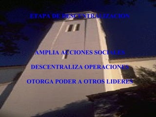 ETAPA DE DESCENTRALIZACION
AMPLIA ACCIONES SOCIALES
DESCENTRALIZA OPERACIONES
OTORGA PODER A OTROS LIDERES
 