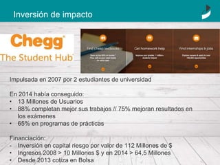 Inversión de impacto
Impulsada en 2007 por 2 estudiantes de universidad
En 2014 había conseguido:
• 13 Millones de Usuarios
• 88% completan mejor sus trabajos // 75% mejoran resultados en
los exámenes
• 65% en programas de prácticas
Financiación:
- Inversión en capital riesgo por valor de 112 Millones de $
• Ingresos 2008 > 10 Millones $ y en 2014 > 64,5 Millones
• Desde 2013 cotiza en Bolsa
 
