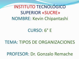 INSTITUTO TECNOLÓGICO
SUPERIOR «SUCRE»
NOMBRE: Kevin Chipantashi
CURSO: 6° E
TEMA: TIPOS DE ORGANIZACIONES
PROFESOR: Dr. Gonzalo Remache
 