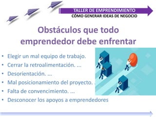 Obstáculos que todo
emprendedor debe enfrentar
• Elegir un mal equipo de trabajo.
• Cerrar la retroalimentación. ...
• Desorientación. ...
• Mal posicionamiento del proyecto. ...
• Falta de convencimiento. ...
• Desconocer los apoyos a emprendedores
TALLER DE EMPRENDIMIENTO
CÓMO GENERAR IDEAS DE NEGOCIO
 