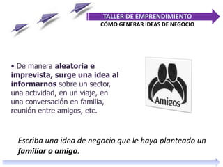 • De manera aleatoria e
imprevista, surge una idea al
informarnos sobre un sector,
una actividad, en un viaje, en
una conversación en familia,
reunión entre amigos, etc.
TALLER DE EMPRENDIMIENTO
CÓMO GENERAR IDEAS DE NEGOCIO
Escriba una idea de negocio que le haya planteado un
familiar o amigo.
 
