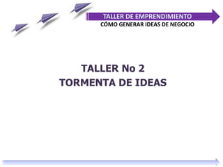 TALLER No 2
TORMENTA DE IDEAS
TALLER DE EMPRENDIMIENTO
CÓMO GENERAR IDEAS DE NEGOCIO
 
