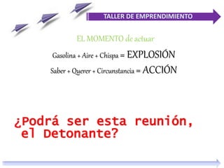 Gasolina + Aire + Chispa = EXPLOSIÓN
Saber + Querer + Circunstancia = ACCIÓN
¿Podrá ser esta reunión,
el Detonante?
EL MOMENTO de actuar
TALLER DE EMPRENDIMIENTO
 