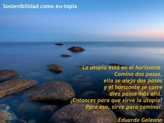Sostenibilidad como eu-topía




                             La utopía está en el horizonte.
                                          Camino dos pasos,
                                     ella se aleja dos pasos
                                     y el horizonte se corre
                                        diez pasos más allá.
                         ¿Entonces para que sirve la utopía?
                              Para eso, sirve para caminar.

                                           Eduardo Galeano
 