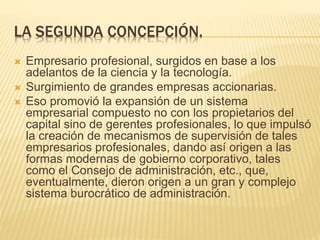 LA SEGUNDA CONCEPCIÓN.
 Empresario profesional, surgidos en base a los
adelantos de la ciencia y la tecnología.
 Surgimiento de grandes empresas accionarias.
 Eso promovió la expansión de un sistema
empresarial compuesto no con los propietarios del
capital sino de gerentes profesionales, lo que impulsó
la creación de mecanismos de supervisión de tales
empresarios profesionales, dando así origen a las
formas modernas de gobierno corporativo, tales
como el Consejo de administración, etc., que,
eventualmente, dieron origen a un gran y complejo
sistema burocrático de administración.
 