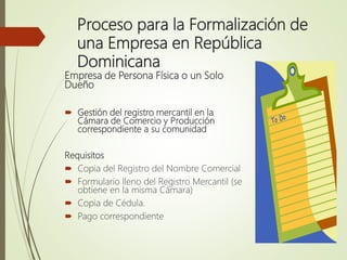 Proceso para la Formalización de
una Empresa en República
Dominicana
Empresa de Persona Física o un Solo
Dueño
 Gestión del registro mercantil en la
Cámara de Comercio y Producción
correspondiente a su comunidad
Requisitos
 Copia del Registro del Nombre Comercial
 Formulario lleno del Registro Mercantil (se
obtiene en la misma Cámara)
 Copia de Cédula.
 Pago correspondiente
 