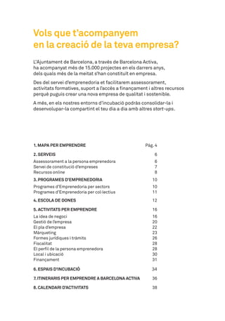 1. MAPA PER EMPRENDRE	 Pàg. 4
2. SERVEIS	 6
Assessorament a la persona emprenedora	 6	
Servei de constitució d’empreses	 7	
Recursos online	 8
3. Programes d’Emprenedoria	 10
Programes d’Emprenedoria per sectors	 10	
Programes d’Emprenedoria per col·lectius	 11
4. ESCOLA DE DONES	 12
5. ACTIVITATS PER EMPRENDRE	 16
La idea de negoci	 16	
Gestió de l’empresa	 20	
El pla d’empresa 	 22	
Màrqueting 	 23	
Formes jurídiques i tràmits	 26	
Fiscalitat 	 28	
El perfil de la persona emprenedora 	 28	
Local i ubicació     	 30	
Finançament 	 31
6. ESPAIS d’incubació 	 34
7. Itineraris per emprendre a Barcelona Activa	 36
8. CALENDARI D’ACTIVITATS	 38
L’Ajuntament de Barcelona, a través de Barcelona Activa, 	
ha acompanyat més de 15.000 projectes en els darrers anys, 	
dels quals més de la meitat s’han constituït en empresa.
Des del servei d’emprenedoria et facilitarem assessorament, 	
activitats formatives, suport a l’accés a finançament i altres recursos
perquè puguis crear una nova empresa de qualitat i sostenible.
A més, en els nostres entorns d’incubació podràs consolidar-la i
desenvolupar-la compartint el teu dia a dia amb altres start-ups.
Vols que t’acompanyem
en la creació de la teva empresa?
 