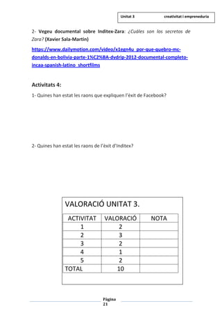 Pàgina
21
2- Vegeu documental sobre Inditex-Zara: ¿Cuáles son los secretos de
Zara? (Xavier Sala-Martin)
https://www.dailymotion.com/video/x1egn4u_por-que-quebro-mc-
donalds-en-bolivia-parte-1%C2%BA-dvdrip-2012-documental-completo-
incaa-spanish-latino_shortfilms
Activitats 4:
1- Quines han estat les raons que expliquen l’èxit de Facebook?
2- Quines han estat les raons de l’èxit d’Inditex?
VALORACIÓ UNITAT 3.
ACTIVITAT VALORACIÓ NOTA
1 2
2 3
3 2
4 1
5 2
TOTAL 10
Unitat 3 creativitat i empreneduria
 