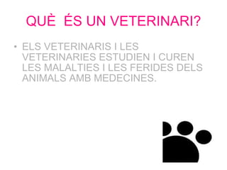 QUÈ  ÉS UN VETERINARI? ELS VETERINARIS I LES VETERINARIES ESTUDIEN I CUREN LES MALALTIES I LES FERIDES DELS ANIMALS AMB MEDECINES.  