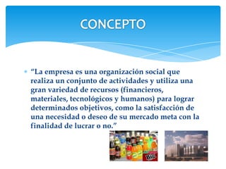 “La empresa es una organización social que
realiza un conjunto de actividades y utiliza una
gran variedad de recursos (financieros,
materiales, tecnológicos y humanos) para lograr
determinados objetivos, como la satisfacción de
una necesidad o deseo de su mercado meta con la
finalidad de lucrar o no.”
 
