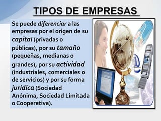 TIPOS DE EMPRESAS
Se puede diferenciar a las
empresas por el origen de su
capital (privadas o
públicas), por su tamaño
(pequeñas, medianas o
grandes), por su actividad
(industriales, comerciales o
de servicios) y por su forma
jurídica (Sociedad
Anónima, Sociedad Limitada
o Cooperativa).
 
