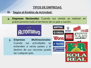 TIPOS DE EMPRESAS
III. Según el Ámbito de Actividad:

4. Empresas Nacionales: Cuando sus ventas se realizan en
   prácticamente todo el territorio de un país o nación.




 5. Empresas        Multinacionales:
    Cuando sus actividades se
    extienden a varios países y el
    destino de sus recursos puede
    ser cualquier país.
 
