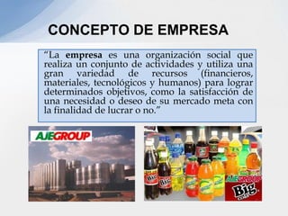 CONCEPTO DE EMPRESA
“La empresa es una organización social que
realiza un conjunto de actividades y utiliza una
gran variedad de recursos (financieros,
materiales, tecnológicos y humanos) para lograr
determinados objetivos, como la satisfacción de
una necesidad o deseo de su mercado meta con
la finalidad de lucrar o no.”
 