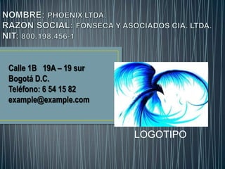 Calle 1B 19A – 19 sur
Bogotá D.C.
Teléfono: 6 54 15 82
example@example.com



                        LOGOTIPO
 
