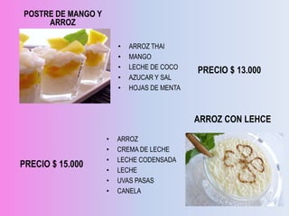 POSTRE DE MANGO Y
     ARROZ

                        •   ARROZ THAI
                        •   MANGO
                        •   LECHE DE COCO
                                             PRECIO $ 13.000
                        •   AZUCAR Y SAL
                        •   HOJAS DE MENTA



                                             ARROZ CON LEHCE
                    •   ARROZ
                    •   CREMA DE LECHE
                    •   LECHE CODENSADA
PRECIO $ 15.000
                    •   LECHE
                    •   UVAS PASAS
                    •   CANELA
 