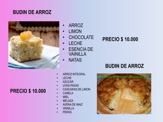 BUDIN DE ARROZ

                      • ARROZ
                      • LIMON
                      • CHOCOLATE         PRECIO $ 10.000
                      • LECHE
                      • ESENCIA DE
                        VAINILLA
                      • NATAS
                                           BUDIN DE ARROZ
                  •   ARROZ INTEGRAL
                  •   LECHE
                  •   AZUCAR
                  •   UVAS PASAS
                  •   CASCARAS DE LIMON
PRECIO $ 10.000   •   CANELA
                  •   MIEL
                  •   MELAZA
                  •   AVENA DE MAIZ
                  •   VAINILLA
                  •   PERAS
 