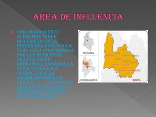  PRIMORDIALMENTE
QUEREMOS TENER
INFLUENCIA EN LA
REGION DEL GUALIVA LA
CUAL ESTA CONFORMADA
POR LOS MUNICIPIOS:
VILLETA (SEDE
PRINCIPAL), SASAIMA,LA
VEGA,VERGARA,Q
NEGRA,UTICA,LA
PALMA,NOCAIMA,LA
PEÑA E.T.C. LA VISION ES
LLEVAR TECNOLOGIA Y
DESARROLLO A TODOS
ESTOS MUNICIPIOS.
 