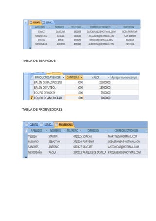 TABLA DE SERVICIOS
TABLA DE PROEVEDORES
 
