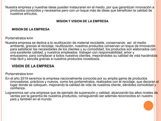 Nuestra empresa y nuestras ideas pueden instauraren en el medio, por que garantizan innovación a
productos conocidos y necesarios pero con un toque más de ideas que beneficien la calidad de
nuestros artículos.
MISION Y VISION DE LA EMPRESA
MISION DE LA EMPRESA
Portarretratos kmn
Nuestra empresa se dedica a la reutilización de material reciclable, conservando así el medio
ambiente, gracias al reciclaje, reutilización, nuestros productos conservan un toque de innovación
para satisfacer las necesidades de los clientes y su comodidad, los productos son elaborados con
una excelente calidad, y nuestros empleados trabajan con responsabilidad, amor y
entusiasmo, para complacer a todos nuestros clientes, mejorándoles su calidad de vida haciéndola
más fácil y sencilla gracias a nuestros productos novedosos.
VISION DE LA EMPRESA
Portarretratos kmn
En el año 2019 seremos la empresa nacionalmente conocida por su amplia gama de productos
innovadores, prácticos y nuevos, como los portarretratos, realizados con el reciclaje, que decoran el
lugar donde se coloquen, mejorando la calidad de vida de nuestros cliente, dándoles comodidad y
confianza.
Lograremos ser una empresa que da ejemplo de superación y calidad, alcanzando los altos niveles de
ventas por la garantía de nuestros productos, consiguiendo ser además reconocidos en nuestro
país y también en el mundo
 