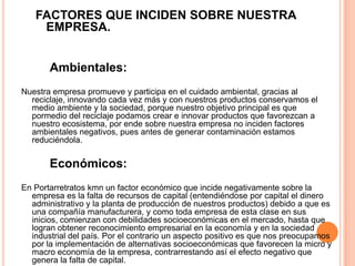 FACTORES QUE INCIDEN SOBRE NUESTRA
EMPRESA.
Ambientales:
Nuestra empresa promueve y participa en el cuidado ambiental, gracias al
reciclaje, innovando cada vez más y con nuestros productos conservamos el
medio ambiente y la sociedad, porque nuestro objetivo principal es que
pormedio del reciclaje podamos crear e innovar productos que favorezcan a
nuestro ecosistema, por ende sobre nuestra empresa no inciden factores
ambientales negativos, pues antes de generar contaminación estamos
reduciéndola.
Económicos:
En Portarretratos kmn un factor económico que incide negativamente sobre la
empresa es la falta de recursos de capital (entendiéndose por capital el dinero
administrativo y la planta de producción de nuestros productos) debido a que es
una compañía manufacturera, y como toda empresa de esta clase en sus
inicios, comienzan con debilidades socioeconómicas en el mercado, hasta que
logran obtener reconocimiento empresarial en la economía y en la sociedad
industrial del país. Por el contrario un aspecto positivo es que nos preocupamos
por la implementación de alternativas socioeconómicas que favorecen la micro y
macro economía de la empresa, contrarrestando así el efecto negativo que
genera la falta de capital.
 